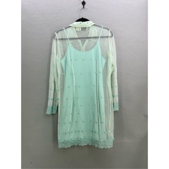 Vintage Y2K Hugo Buscati Mint Blue Mesh Embroidered Eyelet Shirt Dress  Sizs S - Picture 2 of 9